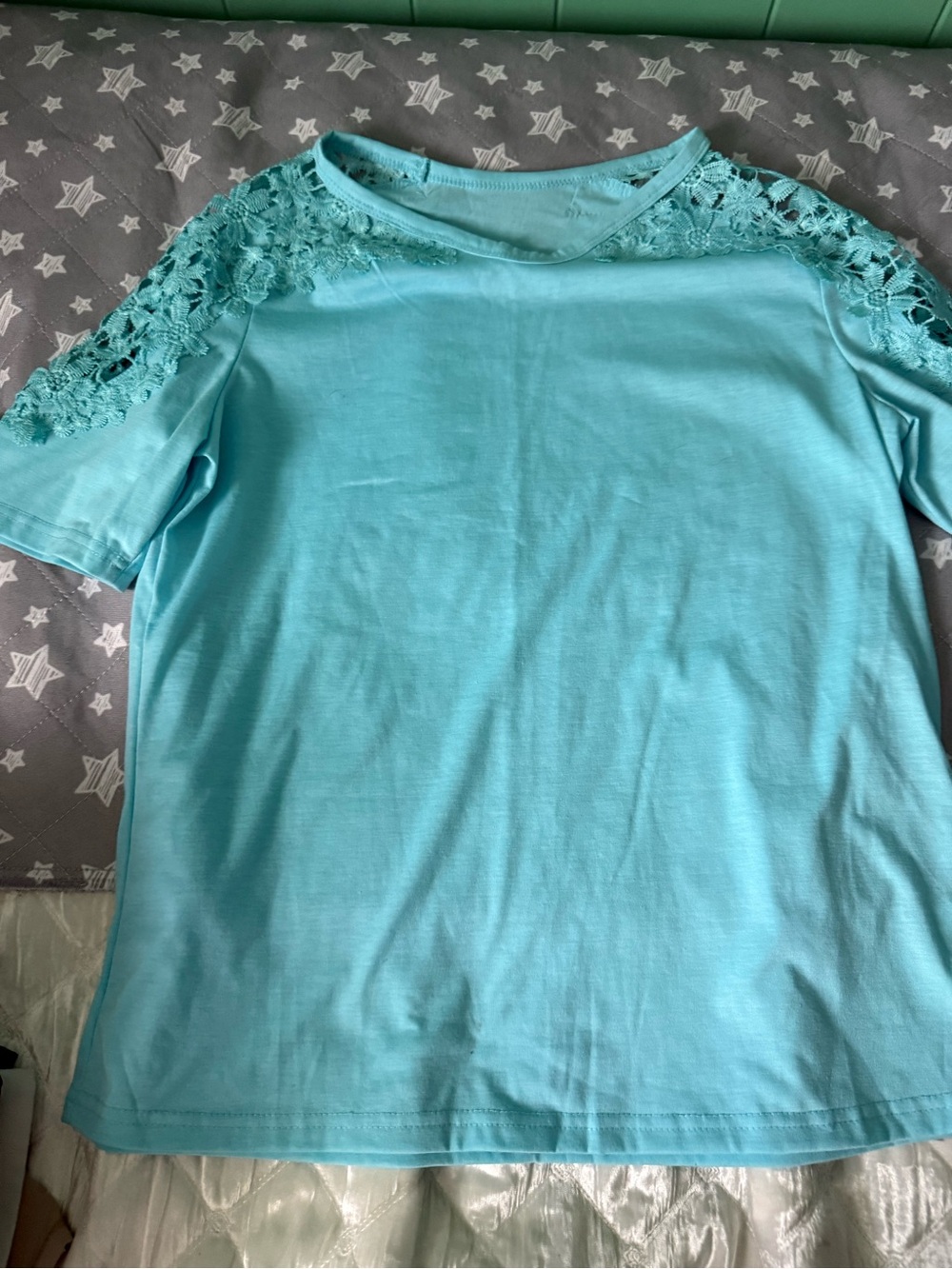 Women’s Lace Shoulder Short Sleeve Top - Aqua